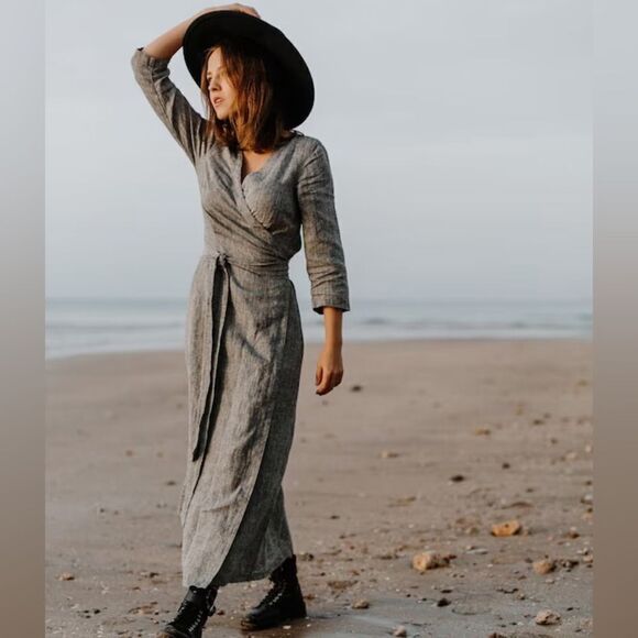 Oda Lux 100% Linen Soft Wrap Dress XS - Picture 1 of 9